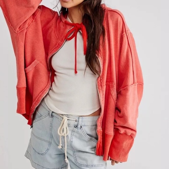 Free People We The Free Camden Hoodie Oversized Zipper Up Scarlet Sun - Picture 2 of 7